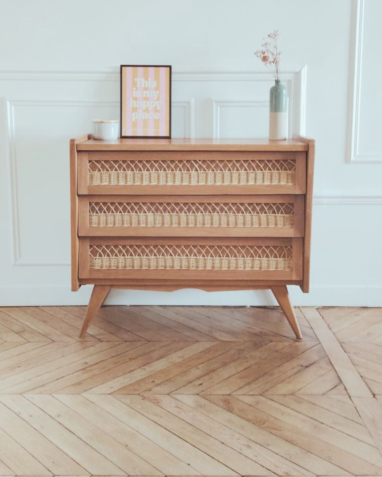 Commode bois et rotin