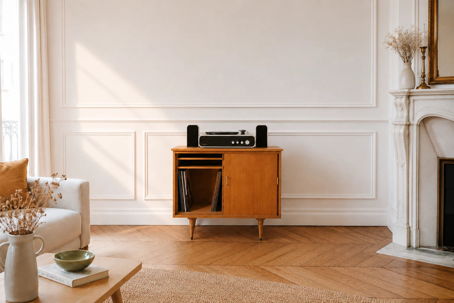 Meuble vinyles dans un salon Haussmanien