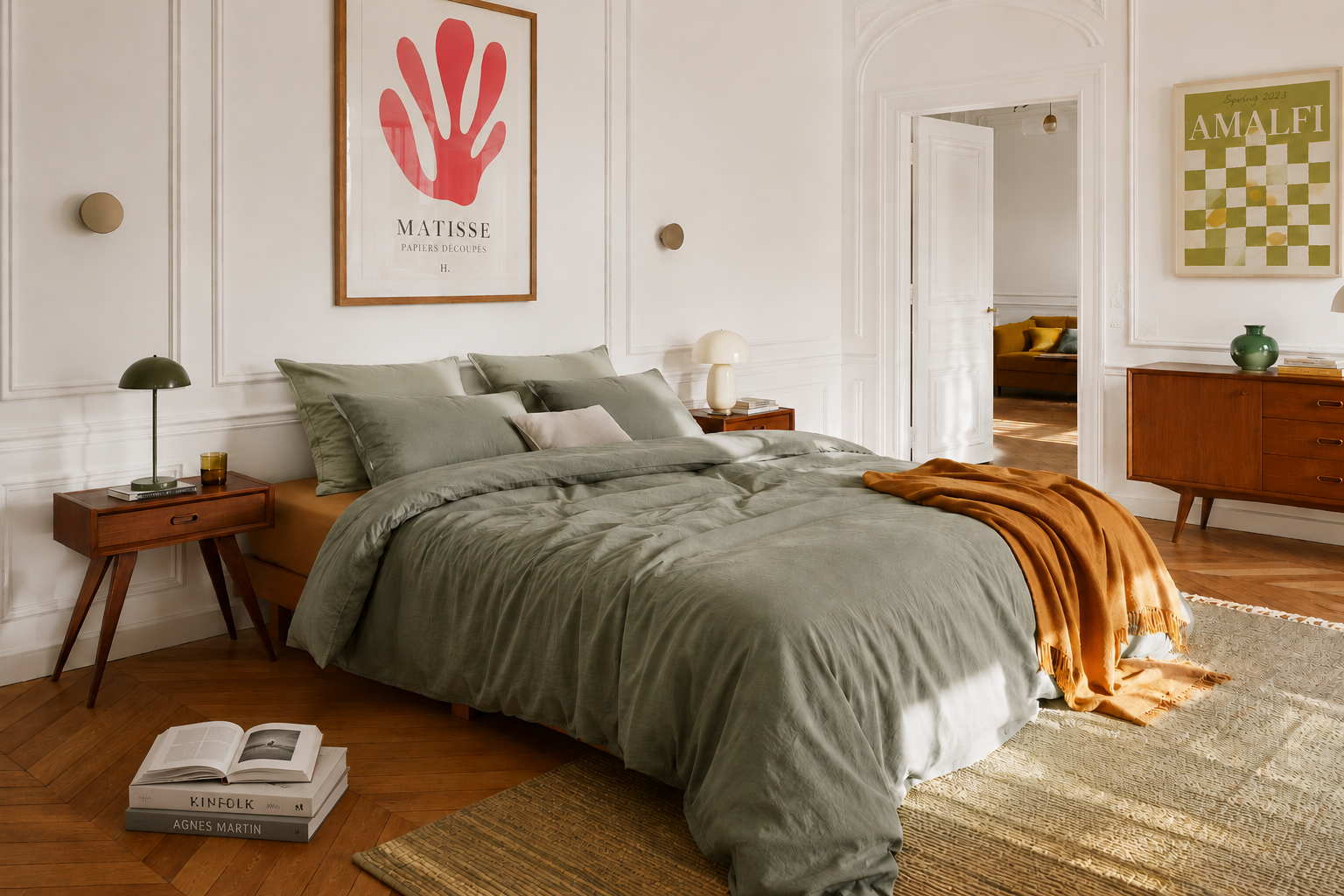 Chambre adultes avec tables de chevet vintage